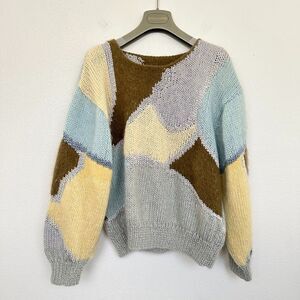 Handknit Handmade Sweater Knit Crewneck Puff Sleeve Mohair Wool Vtg Blue Medium